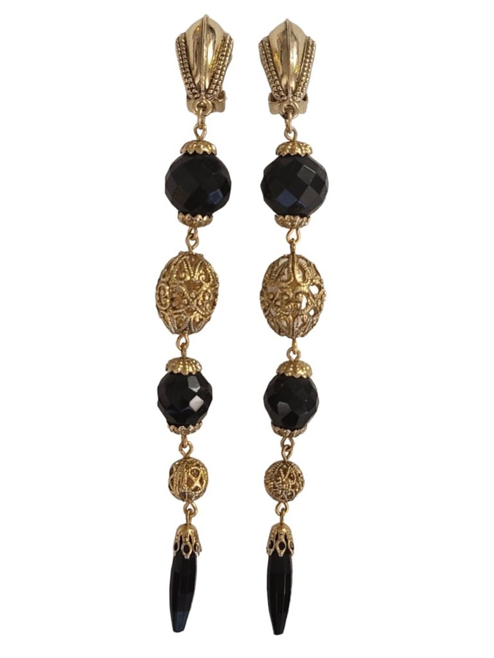 1928 Victorian Style Brass Filigree Bead Shoulder Duster Clip-On Earrings, K975